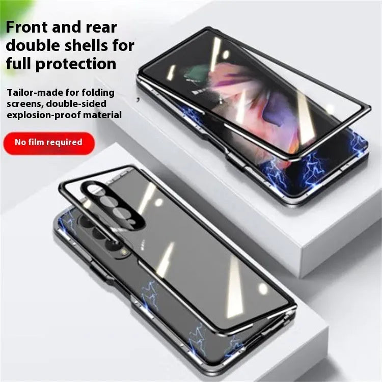 Magnetic suction fully wrapped glass phone case for Samsung Z Fold 2, 3, and 4, in HD silver colour