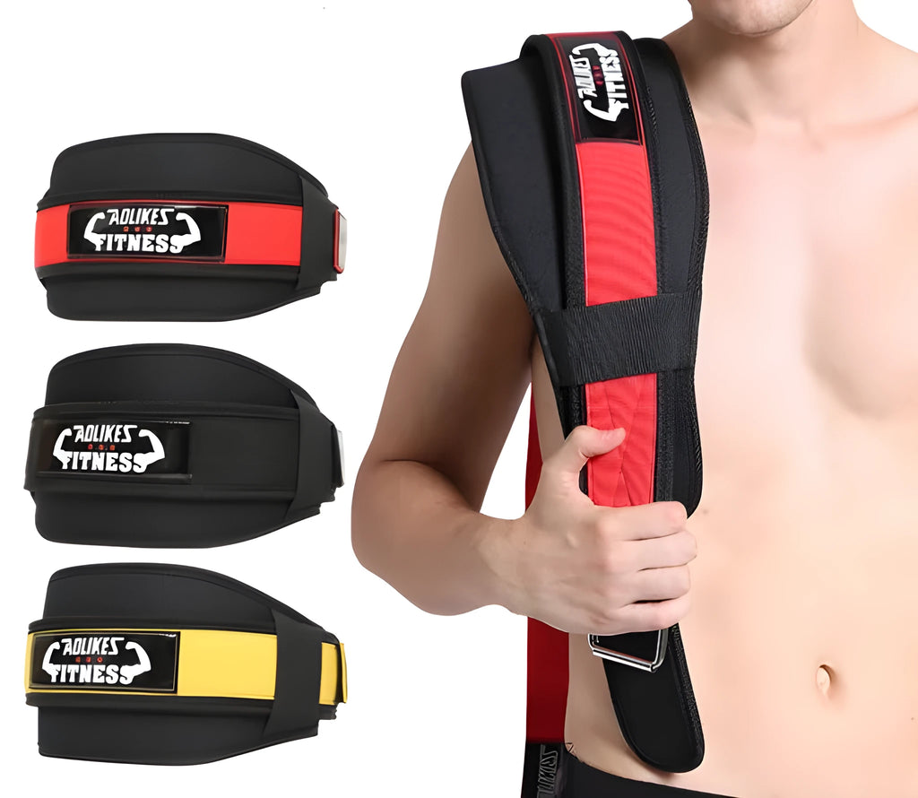 Nylon fitness weightlifting waistband belt in black colour showing adjustable sizing for adult training