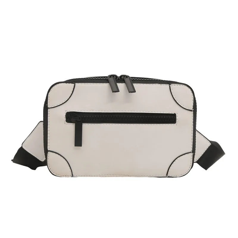 A dark grey women's square crossbody bag made of PU leather, shown with a single shoulder strap and visible sewing line detail.