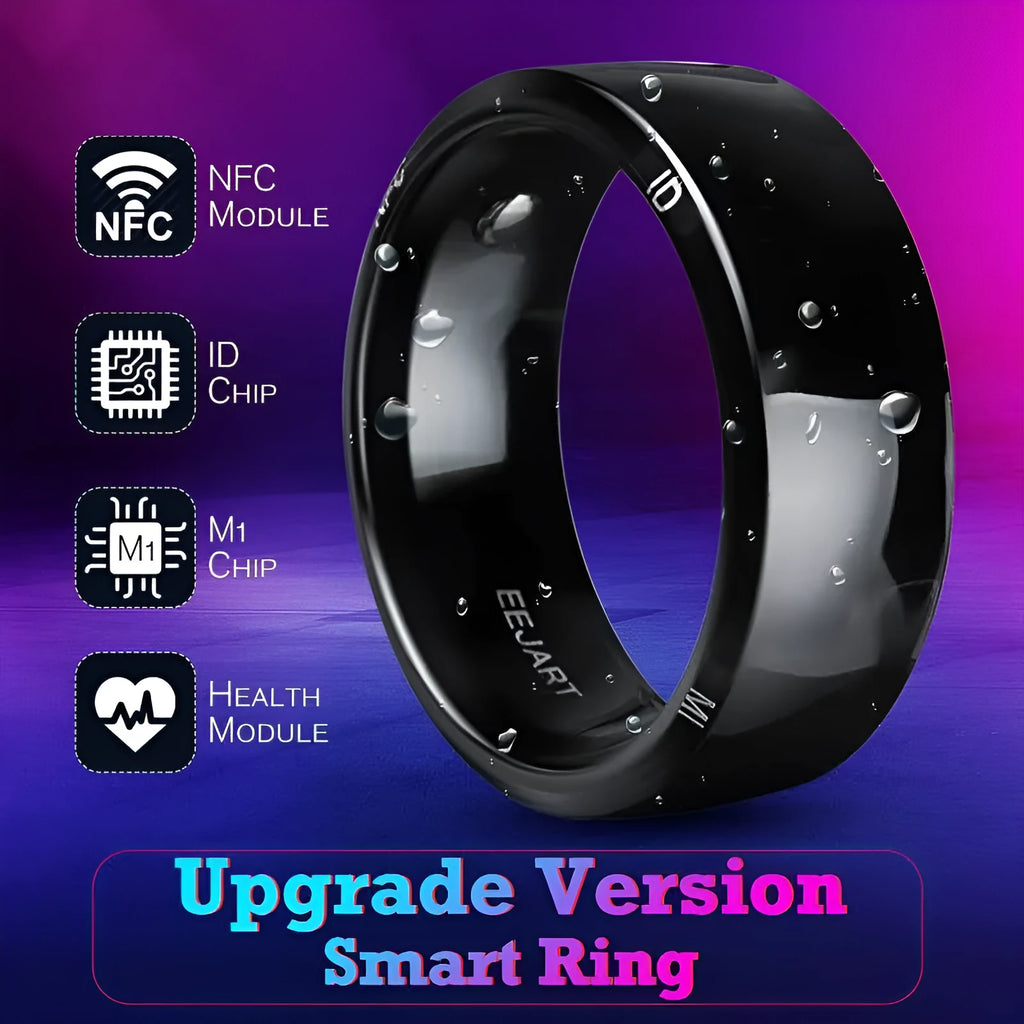 Black NFC ring for Android smartphone with wireless sharing and information push, 22x22x7.9mm, sizes 8 to 12