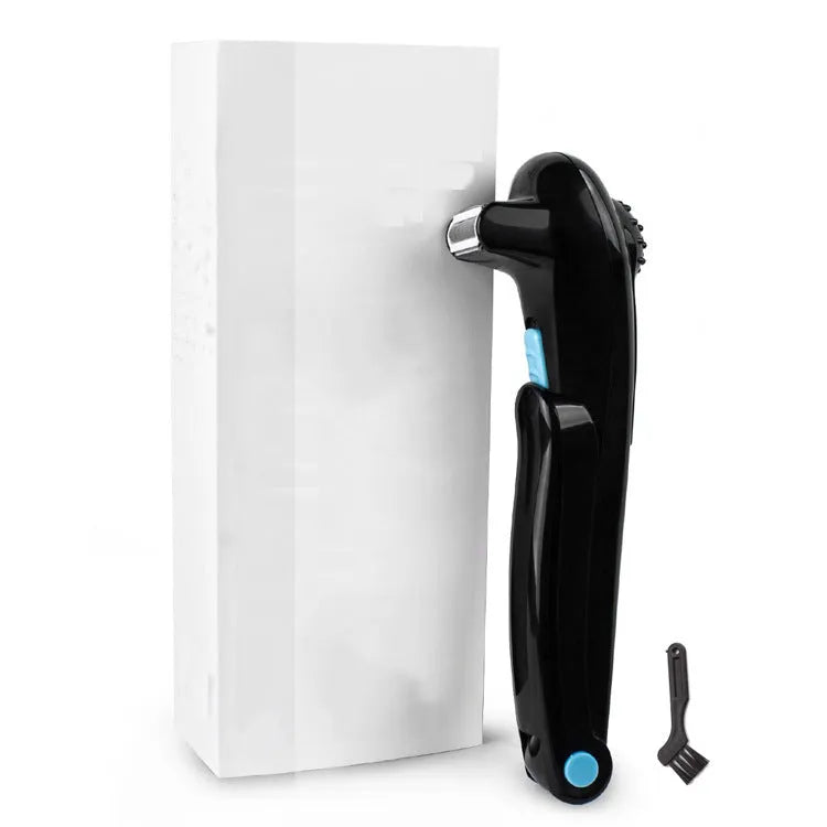 Matte black folding body electric shaver with battery compartment open