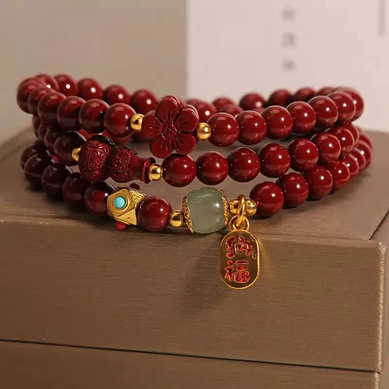 6mm cinnabar bracelet with multi-circle gourd and five petal flower design, polished Chinese-style women's jewellery
