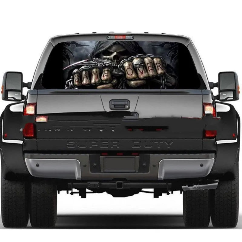 Death skull rear window decal in black on a PVC sticker measuring 135x36cm for vehicle customisation