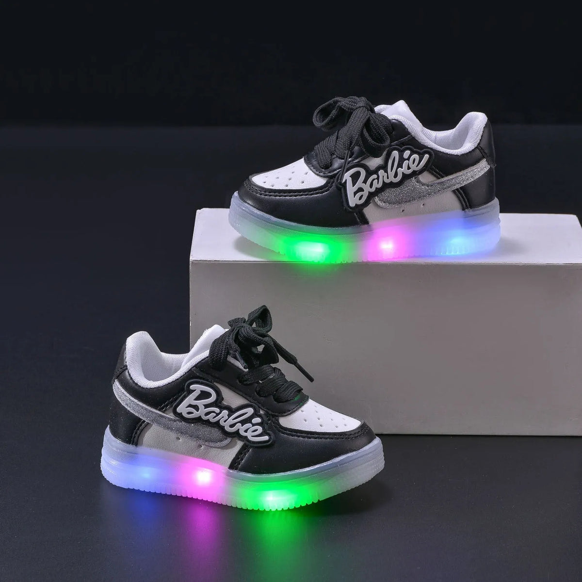 Girls' soft soled board shoes with letter pattern and sequins, black or pink, Velcro fastening, sizes 21-30