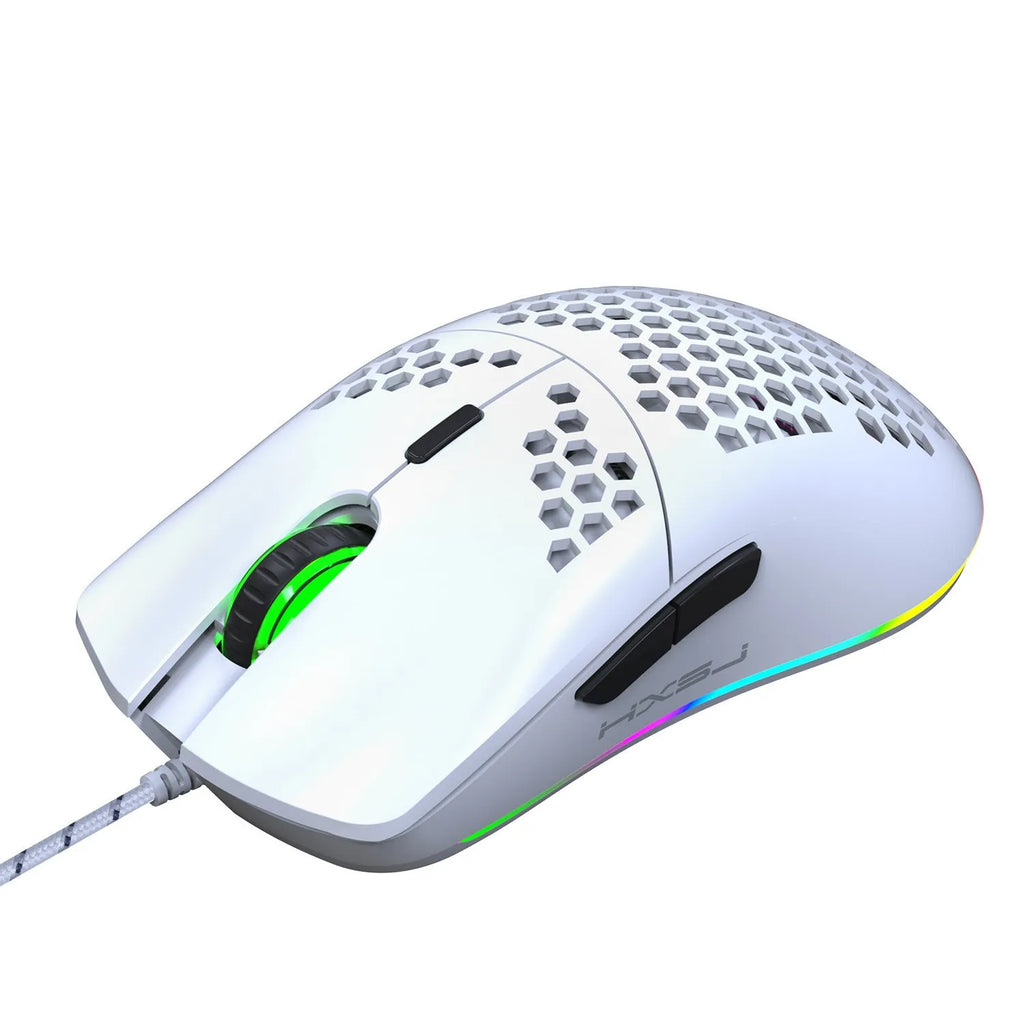 J900 honeycomb shell wired gaming mouse with USB cable in black colour, top view showing six buttons and RGB lighting