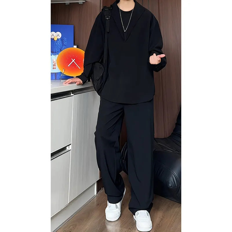 Men's slim fit casual suit with long sleeve polo shirt and trousers in apricot colour