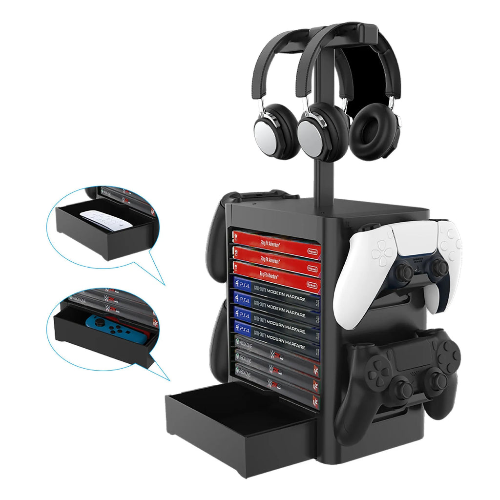 Black ABS game console storage rack holding headphones, controllers, and with an open accessory drawer.