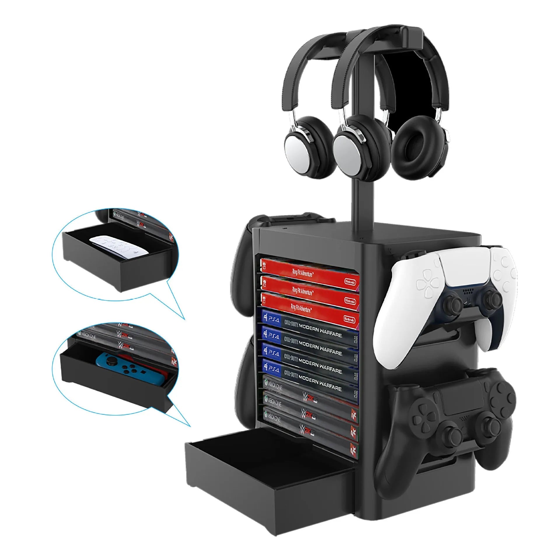 Black ABS game console storage rack holding headphones, controllers, and with an open accessory drawer.