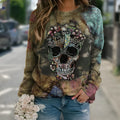 Black long sleeve sweatshirt with white skull print design, showing front graphic and sleeve detail