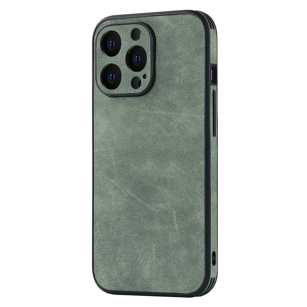 TPU skin phone case with imitation leather back for iPhone 14 in grey, showing rear camera cutout