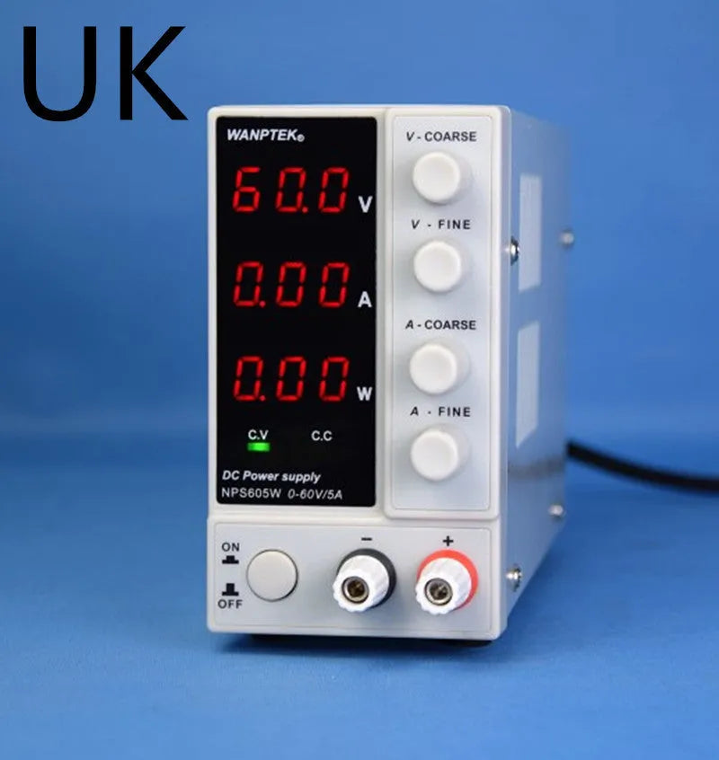 White NPS605W adjustable DC lab power supply with digital display for electronic device repair.
