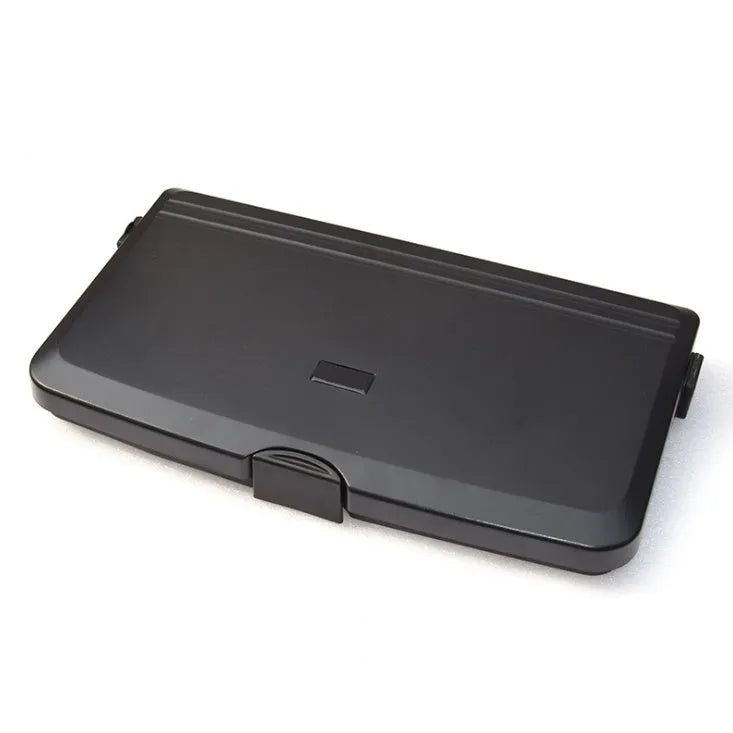 Car back seat folding table in black PP plastic with large tray for drinks and snacks, size 340x200x30mm
