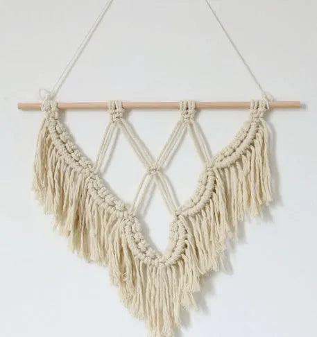 Boho style macrame wall hanging in white cotton rope with rod top, 40x50cm