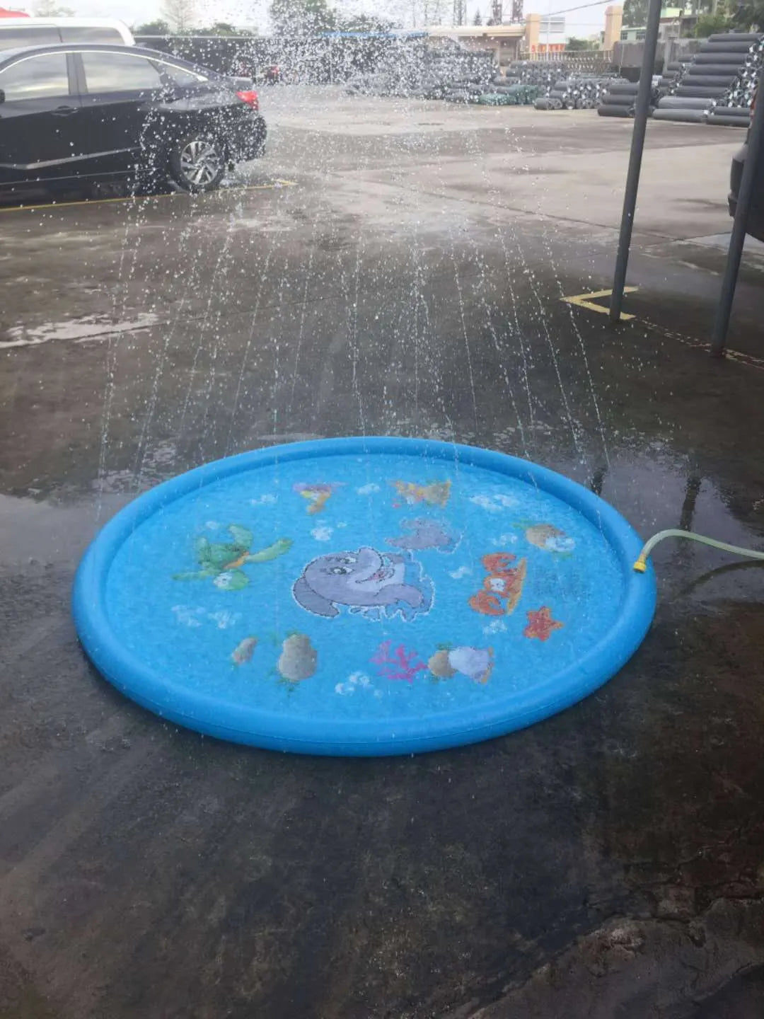 Blue PVC water spray play pad mat for children with marine animal design in garden setting.