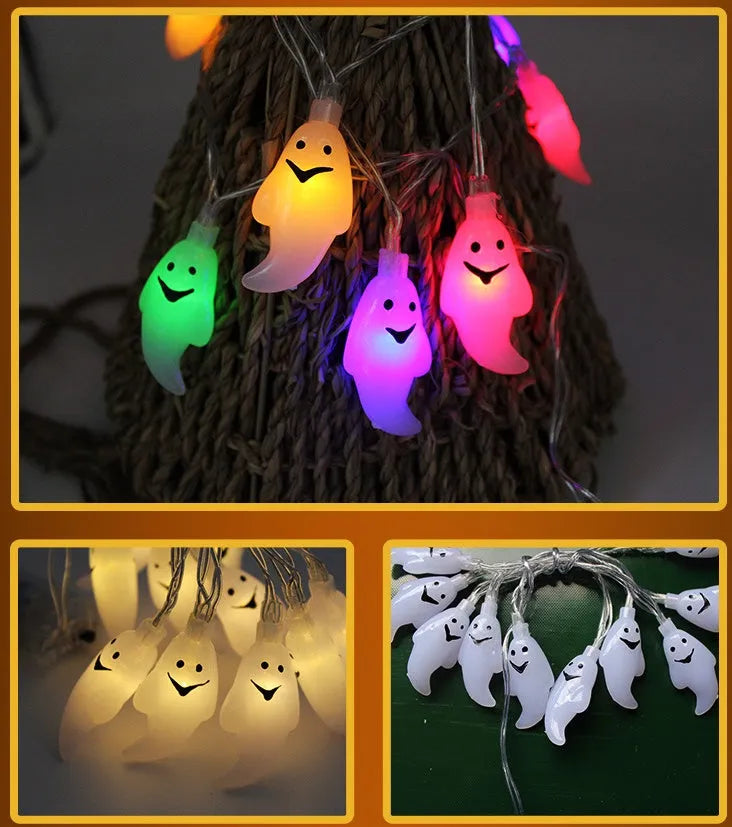 Halloween LED string lights with 10 pumpkin ghost bat spider skull pendants on white 1.2m waterproof cable