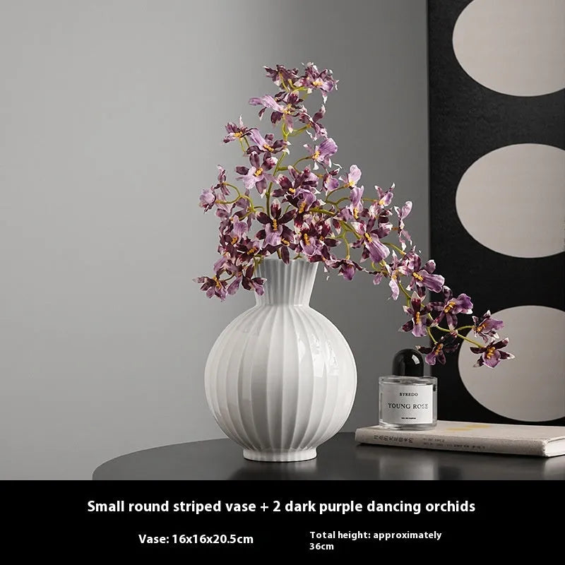 White ceramic ball-shaped vase with American striped patterns for living room table decoration