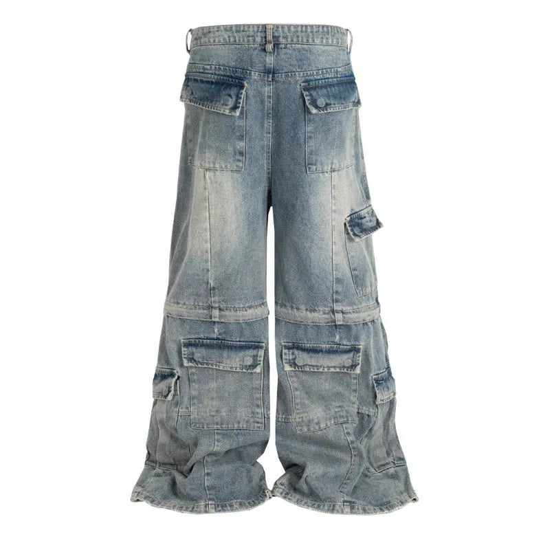 Detachable washed-out multi-pocket cotton overalls in blue, showing zip placket and pockets.
