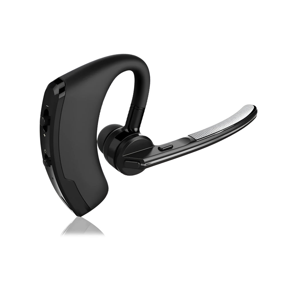 V9 Business Bluetooth wireless headset with ear-bud and USB charging cable on a white background.