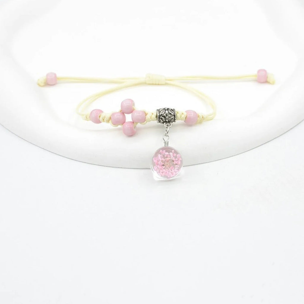 Glass bracelet with dried flowers inside 1.4cm beads in multiple colour options