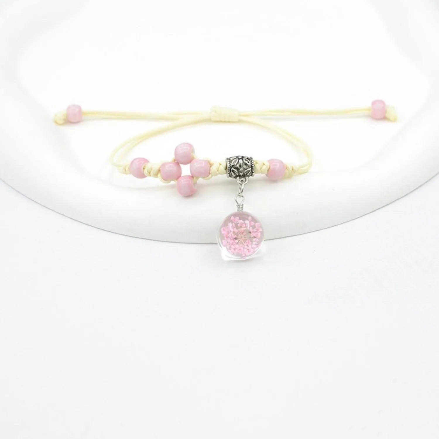 Glass bracelet with dried flowers inside 1.4cm beads in multiple colour options