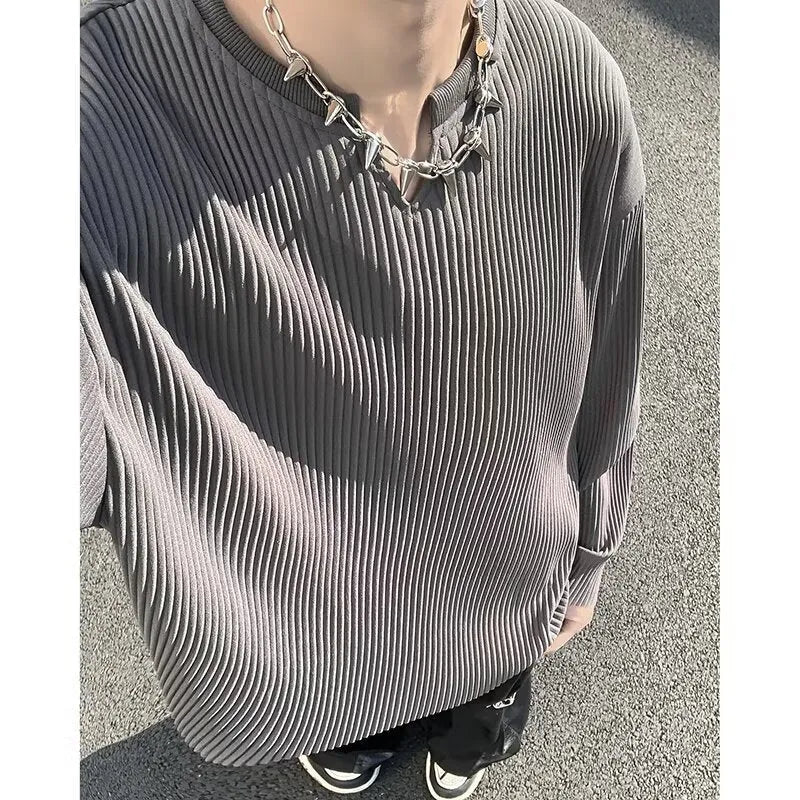 Plus size striped texture pullover jumper in black colour with long sleeves and loose fit design