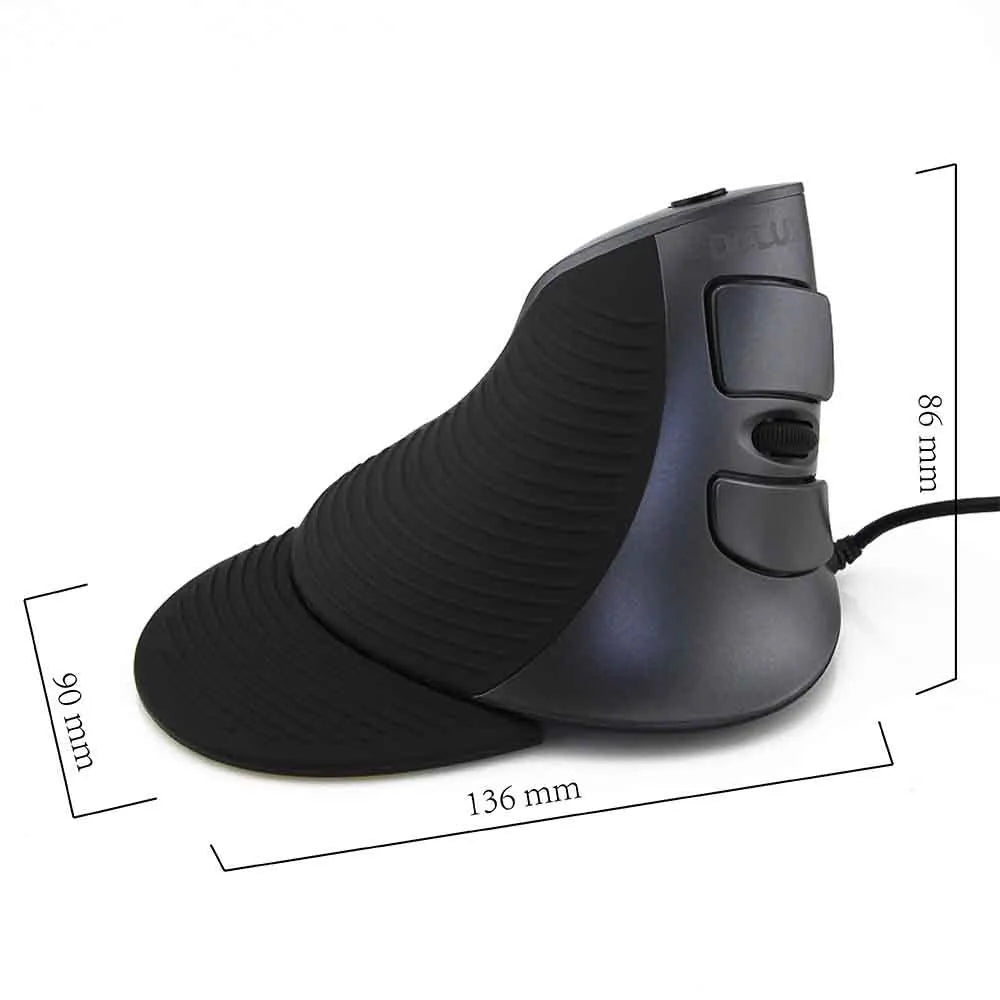 Black and white ergonomic vertical mouse with wired USB cable on a desk.
