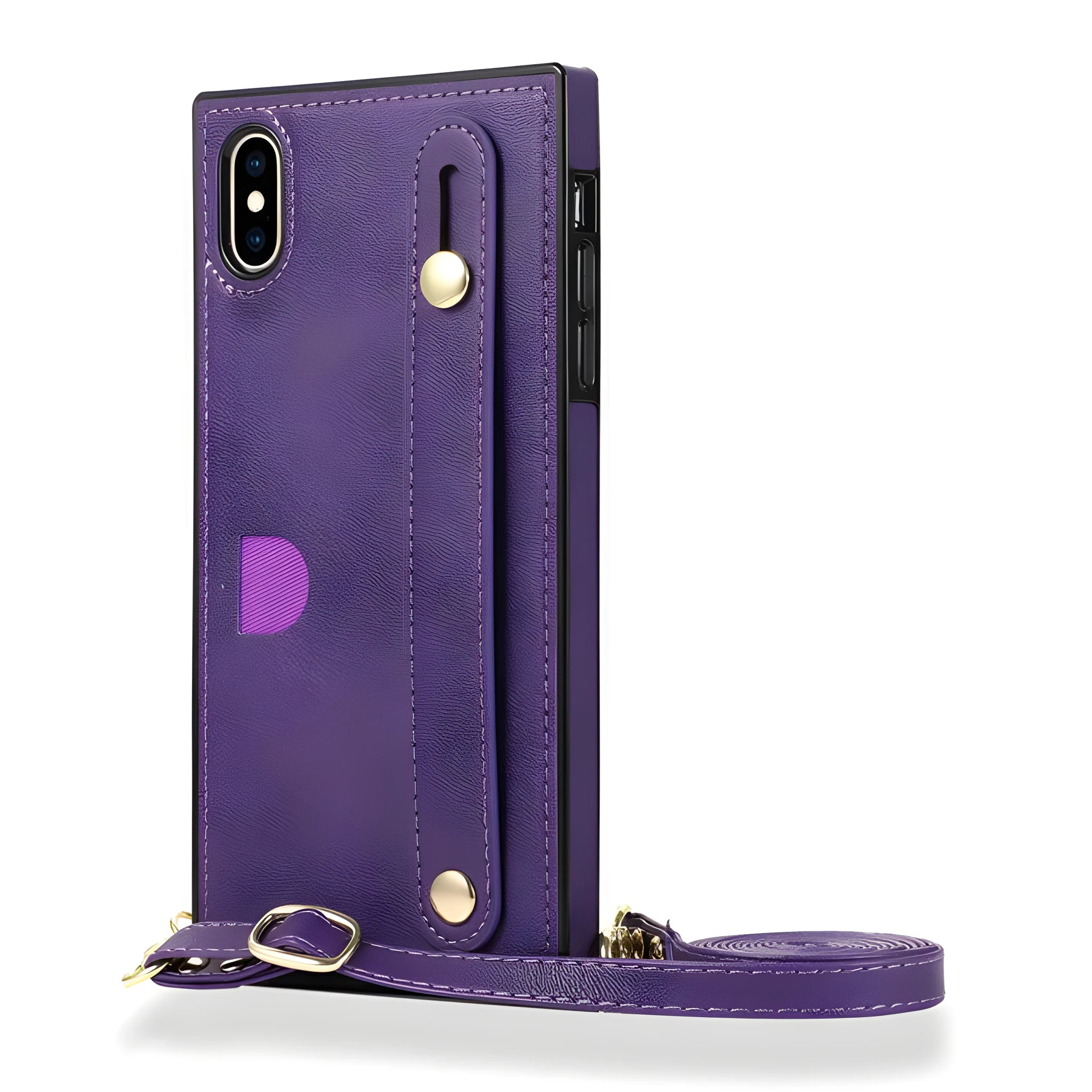Leather iPhone case with card slots on the back and an attached black wrist strap.