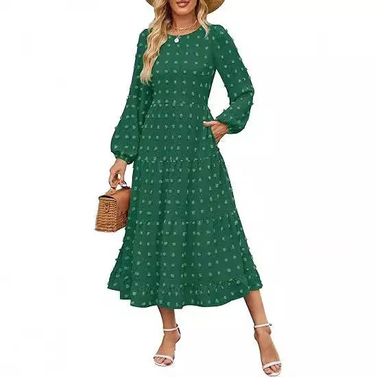 Beige women's high-waisted long sleeve dress with ruffled sleeves on a hanger.