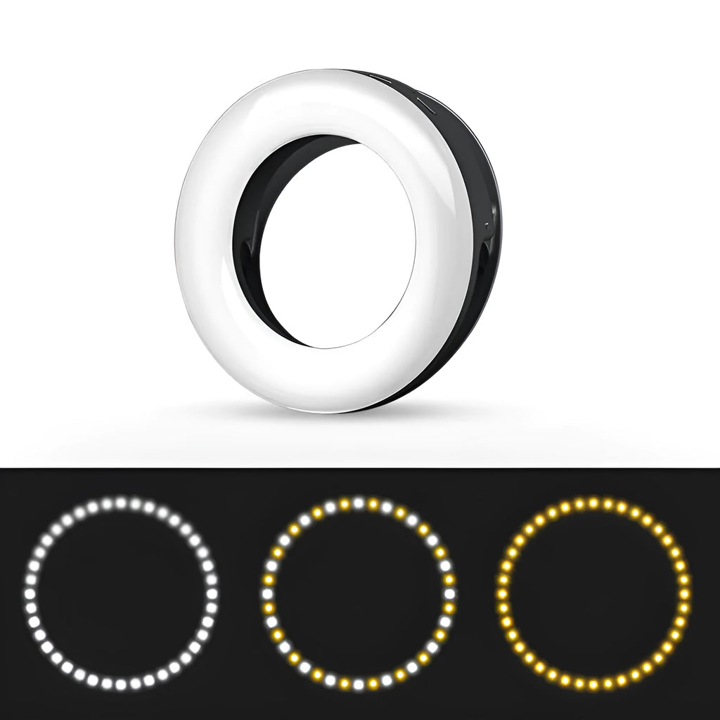 Compact black selfie ring light with USB cable for mobile phone photography and video lighting.