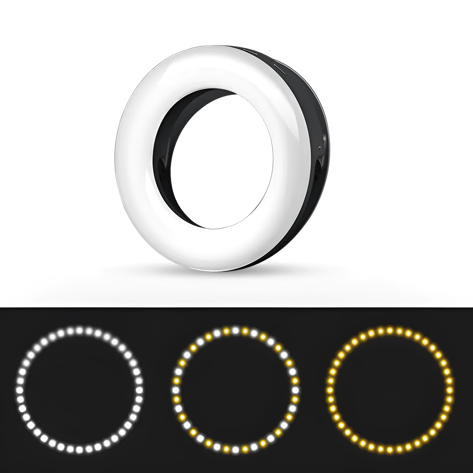 Compact black selfie ring light with USB cable for mobile phone photography and video lighting.