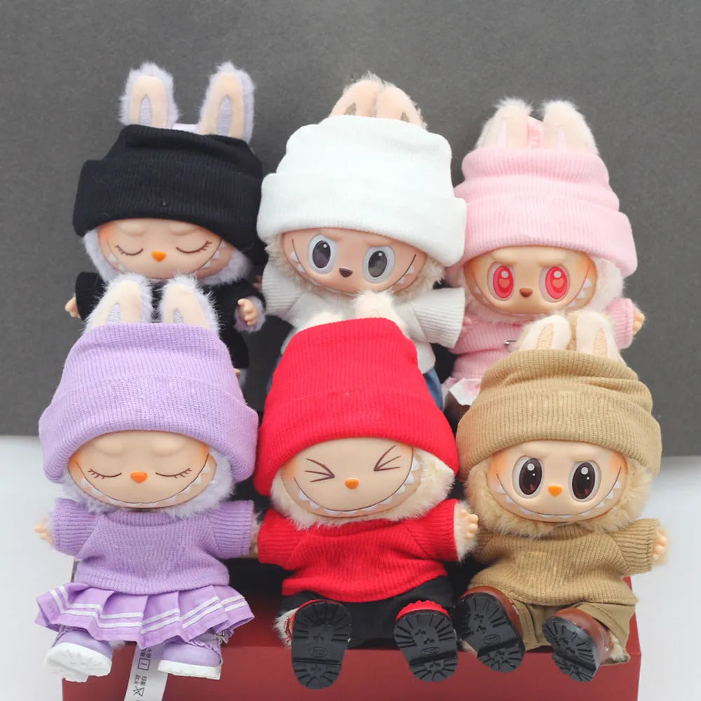 Knitted doll clothes set with flanging hat and T-shirt in white, brown, black, pink, purple and striped options