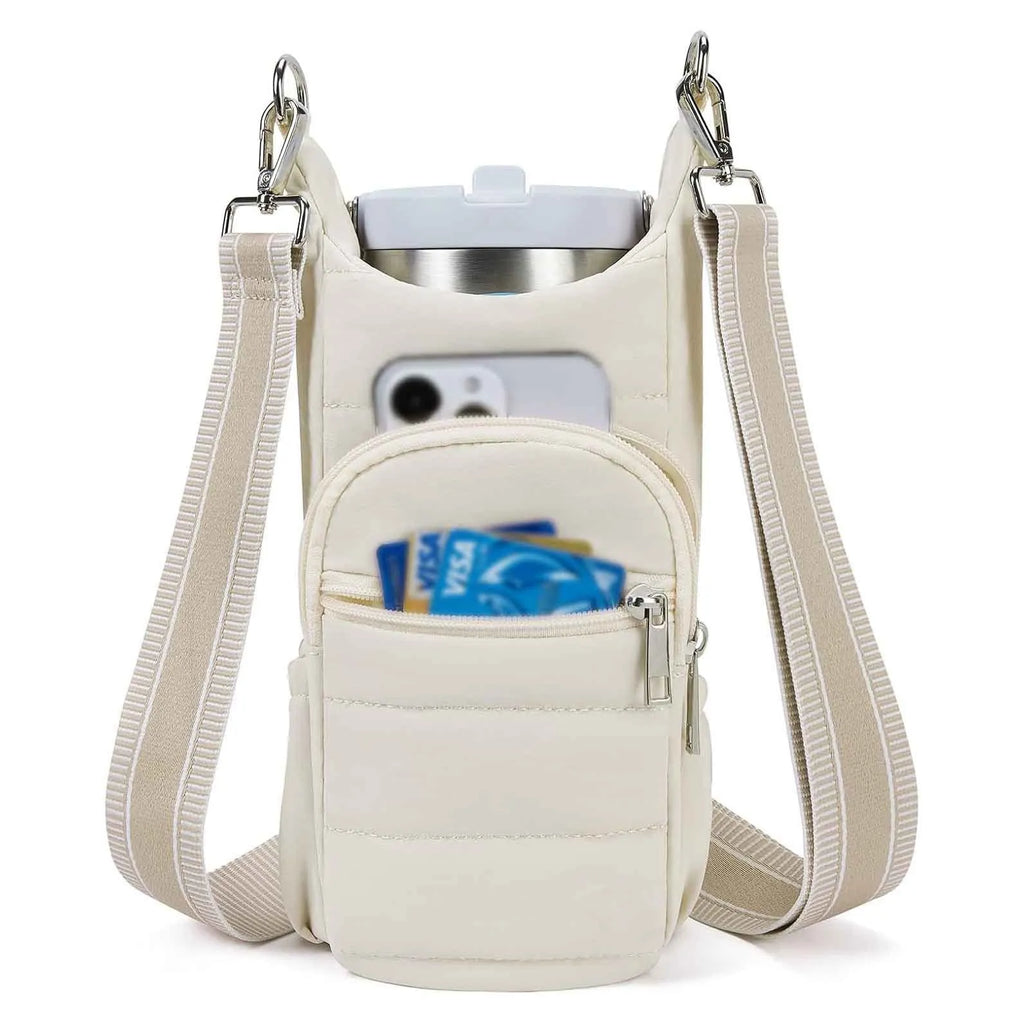 Cloth water bottle bag with adjustable shoulder strap for bicycles in black, pink, and beige colours.