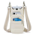 Cloth water bottle bag with adjustable shoulder strap for bicycles in black, pink, and beige colours.