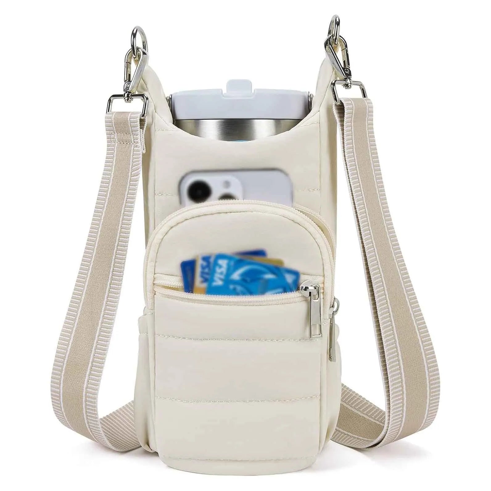 Cloth water bottle bag with adjustable shoulder strap for bicycles in black, pink, and beige colours.