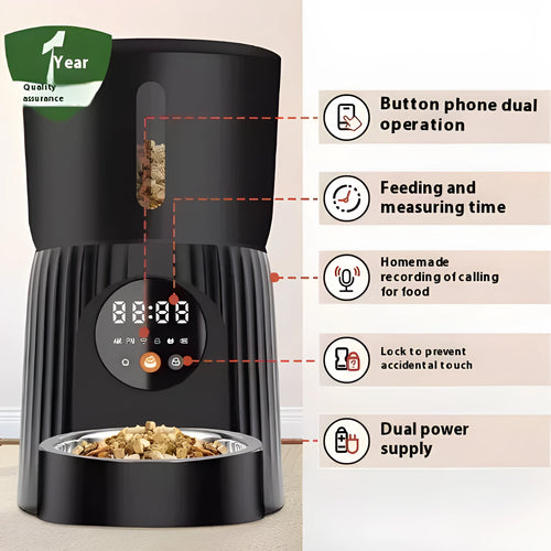 Automatic pet feeder with timer display and food storage compartment in black colour