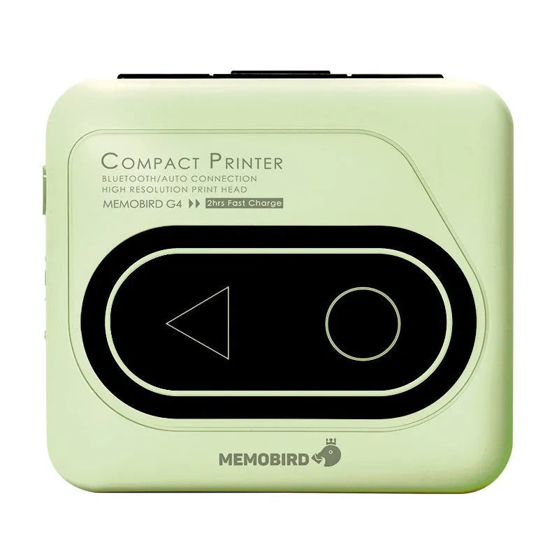 Portable Bluetooth mini thermal printer in avocado green with mobile phone showing wireless connection