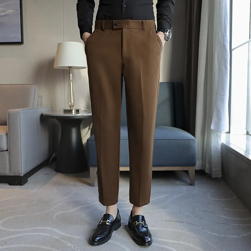 Men's brown corduroy straight fit trousers with elastic waistband for business casual wear