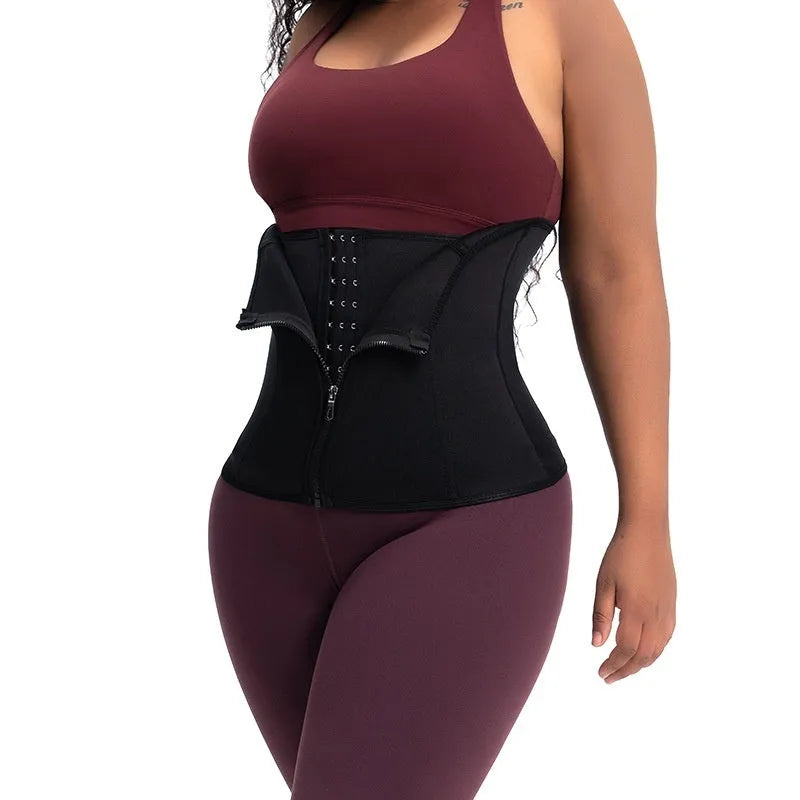 Breasted neoprene body shaping corset belt for women in black, shown on a mannequin.