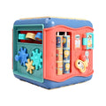 Colourful six-sided baby activity cube with bead maze, clock, and car game panels.