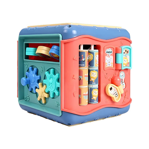 Colourful six-sided baby activity cube with bead maze, clock, and car game panels.