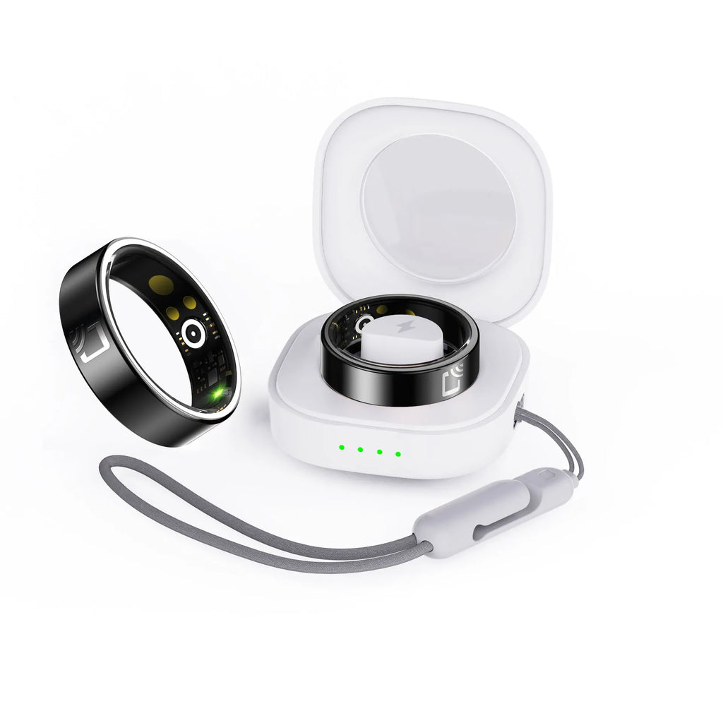 Black ceramic smart ring showing heart rate and blood oxygen monitoring features