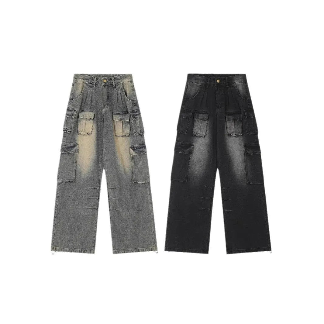 Men's loose fit distressed jeans with multiple pockets in black or light blue