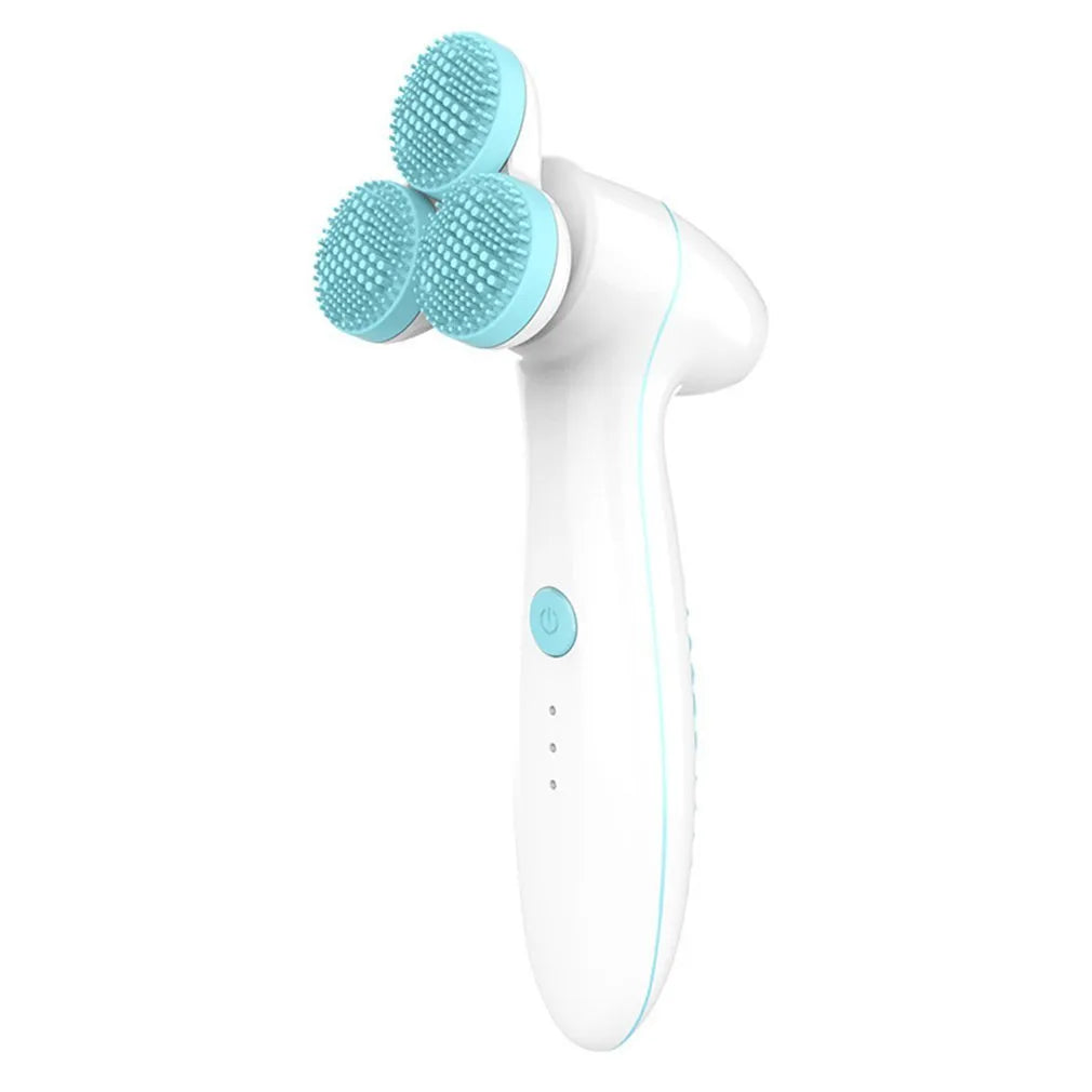 Three round 3D silicone facial cleansing instrument with double cleaning action, V-shaped muscle fit design, blue or pink