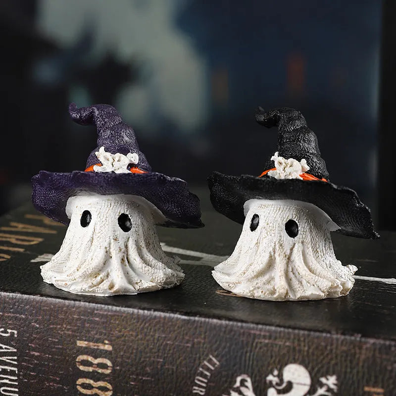 A detailed resin wizard hat ornament with a ghost theme in either kid-purple or black colour.