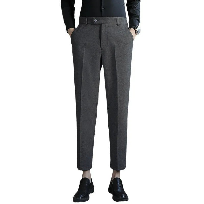 Men's brown corduroy straight fit trousers with elastic waistband for business casual wear
