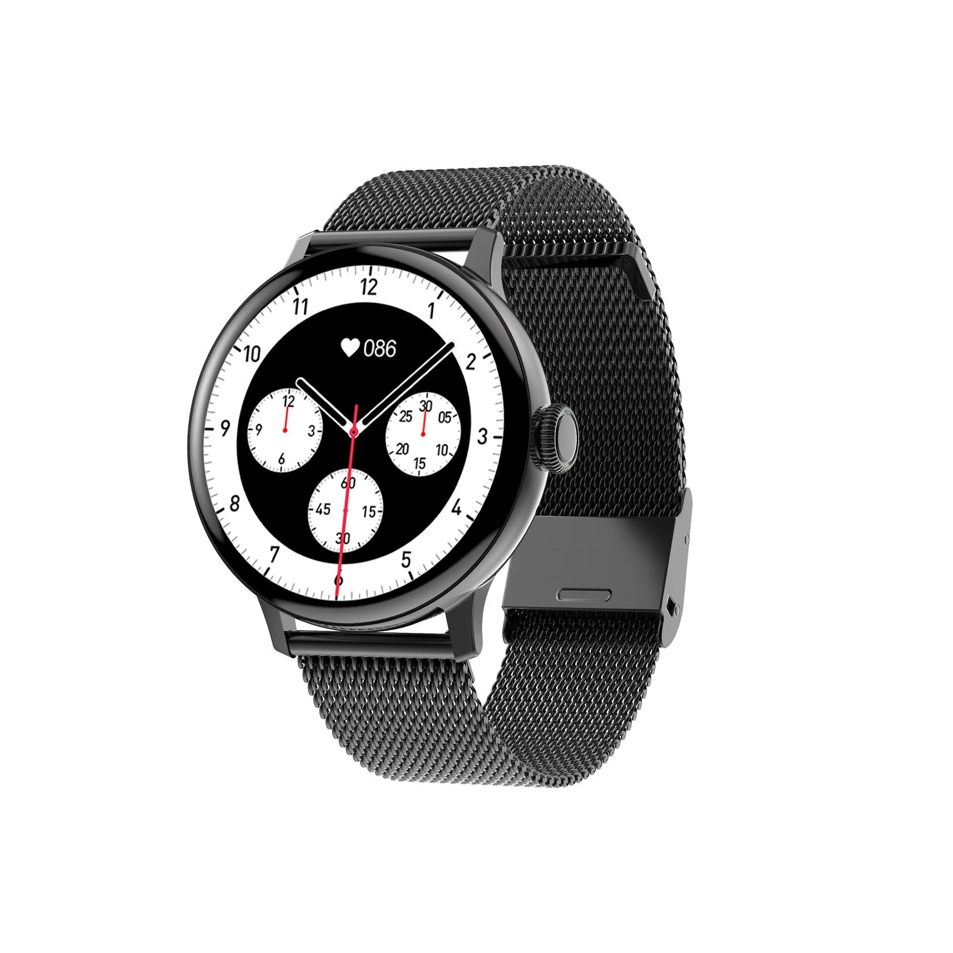 Black steel Bluetooth smart bracelet with touch screen on a wrist, showing heart rate display.