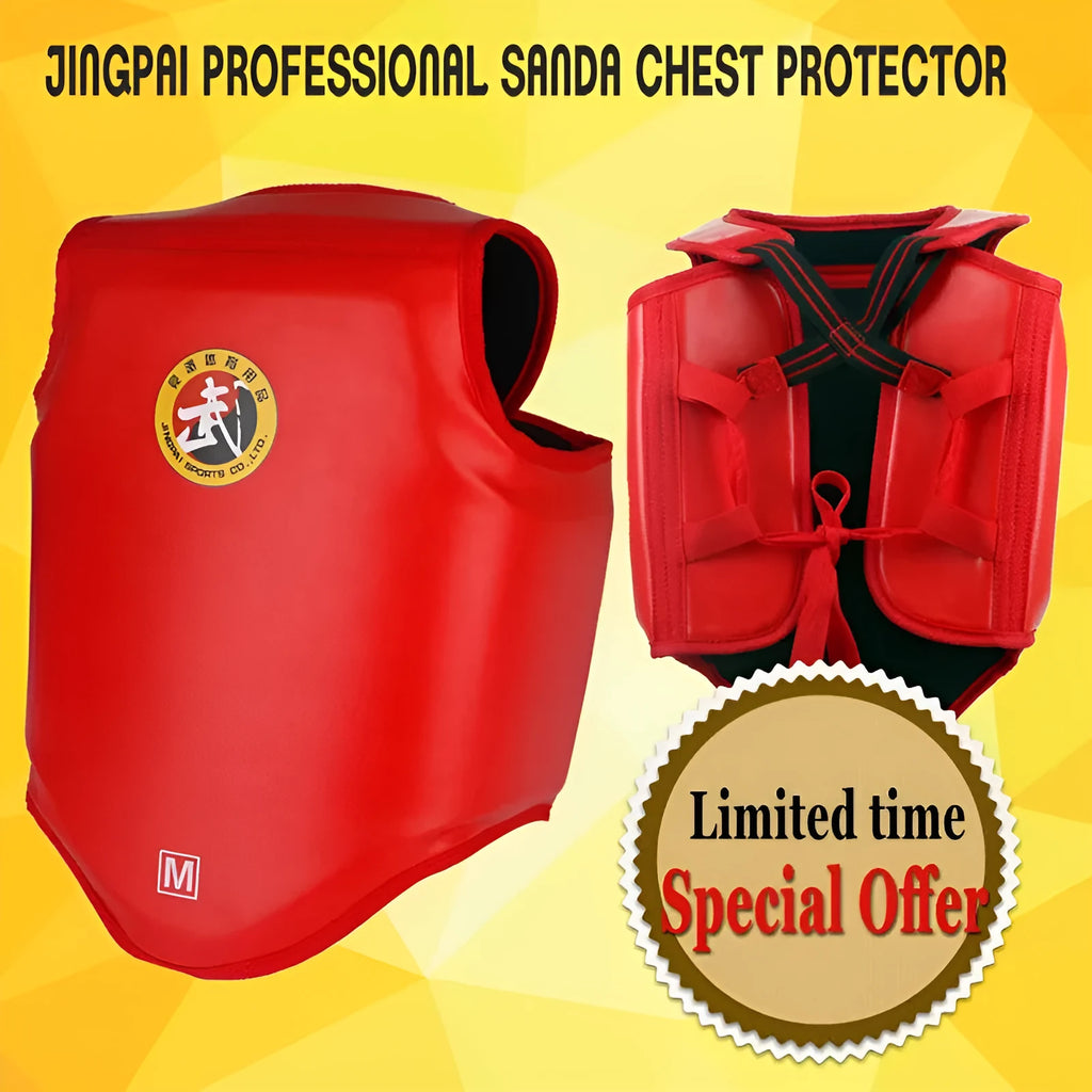 Red boxing helmet with matching chest protector for training and competition