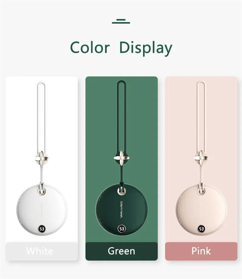 Green, pink, or white hand warmer power bank with digital display showing charge level