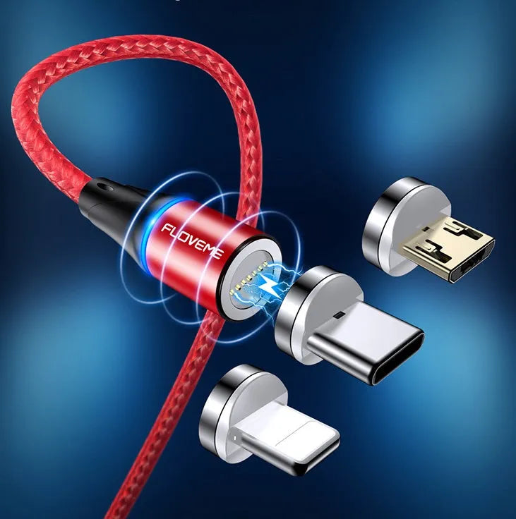 Black magnetic fast charge data cable with illuminated side lights and interchangeable connectors on a table.