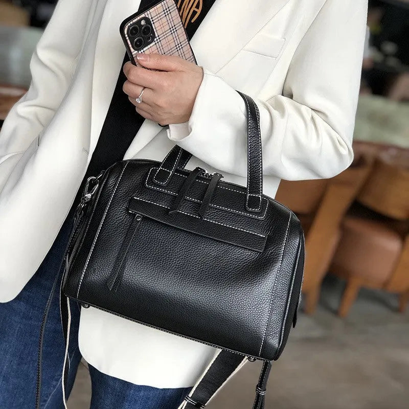 Genuine leather Boston lychee pattern shoulder messenger bag in horizontal square shape with soft handle